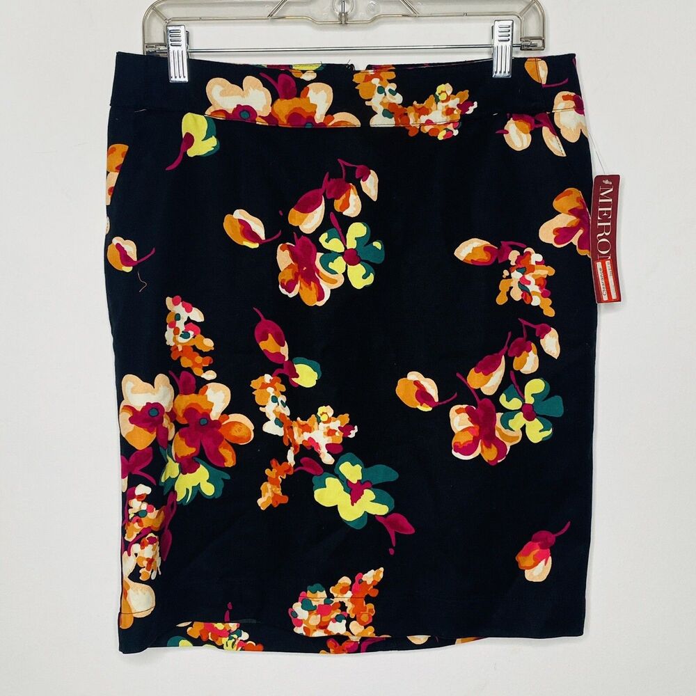 Merona Pencil Skirt Women 10 Black Floral Multicolor Colorful Career Lined